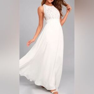 Lulu's Forever and Always White Lace Maxi Dress, M
